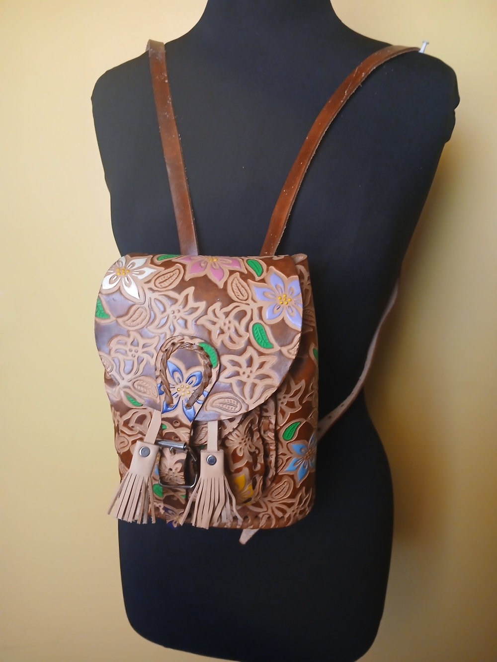 Brown Floral Tooled Leather Backpack with Colorful Accents